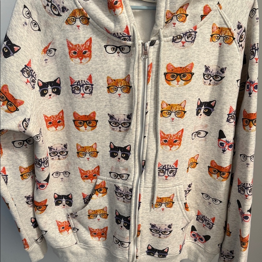 Chic Cat Print Zip-Up Hoodie
